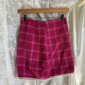 Pink and Cream Woven Plaid Skirt with Braided Hem